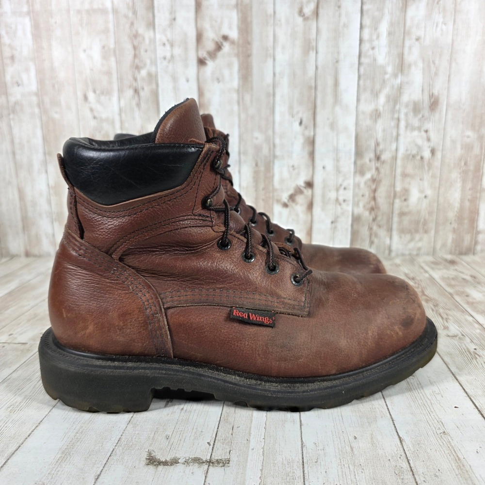 Red Wing Mens Brown Leather Lace Up Work Boots Padded‎ Collar EH Rated Round Toe